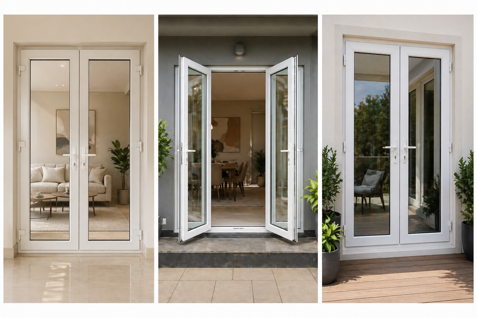 uPVC casement doors in Coimbatore — traditional hinged design with weather-tight seal for main entrances and interior spaces